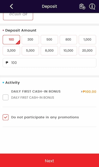 Step 3: Select the deposit amount and click “Next”