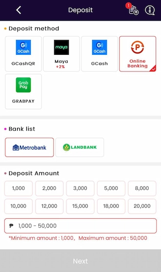 Step 1: Select the Online Banking deposit method and choose a bank name