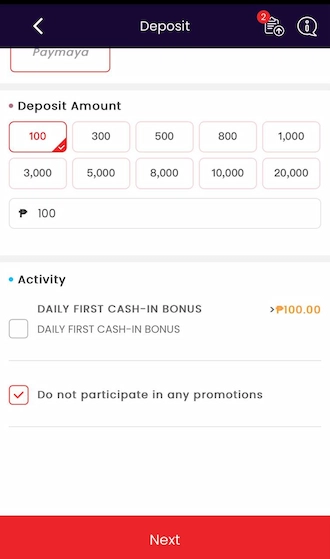 Step 2: Select the deposit amount and click "Next"